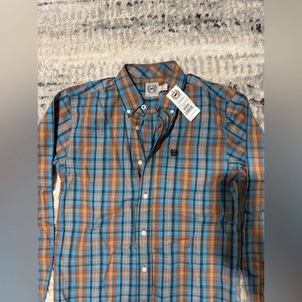 Cinch Boys Blue and Brown Plaid Button Down Shirt